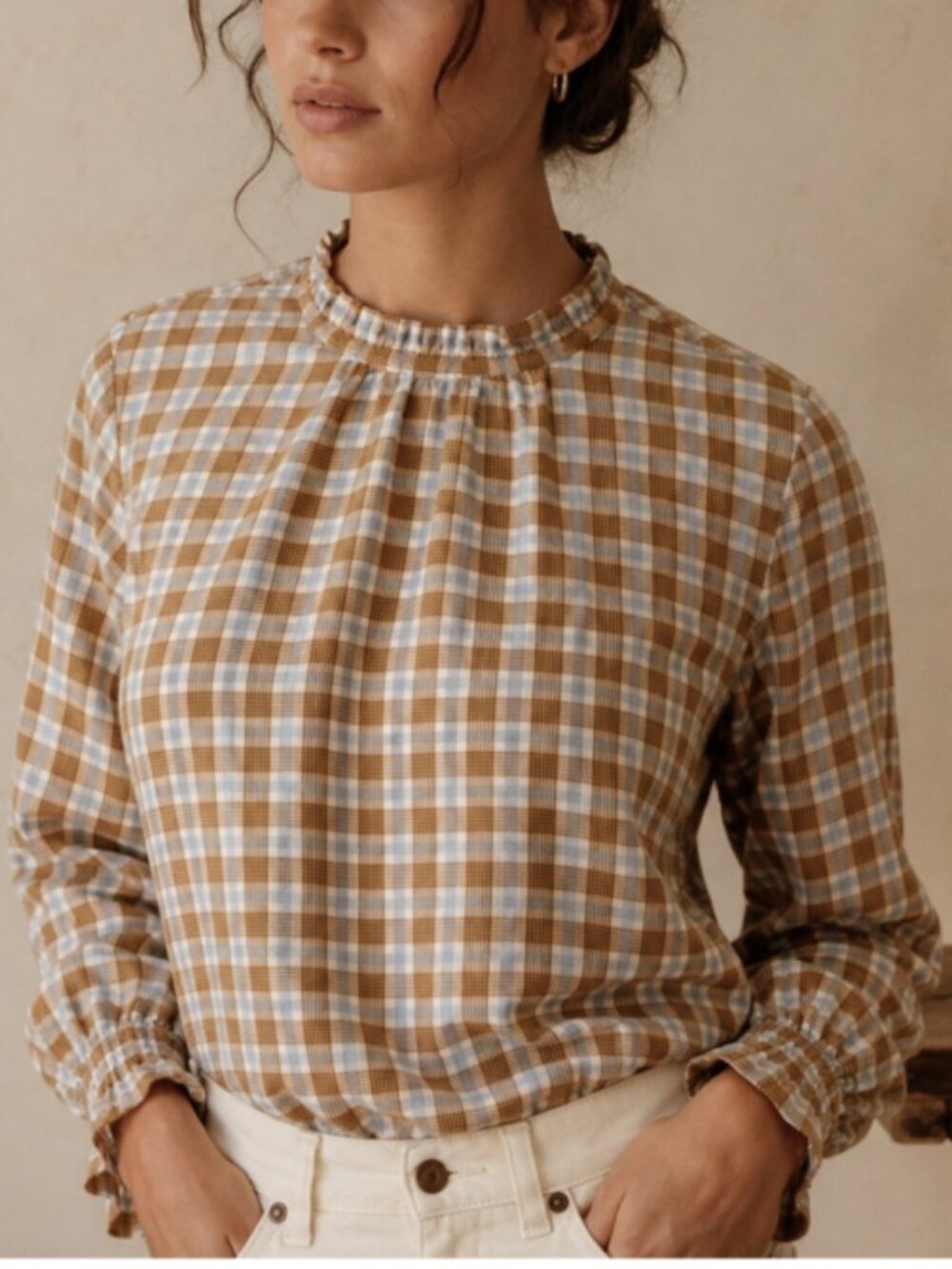 DOEN Plaid Ruffle Neck Blouse Back Buttons Gathered Sleeves Prairie Cotton Small